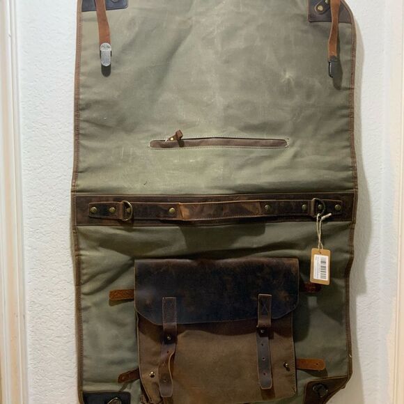 Waxed Canvas Leather Suit Luggage Garment Bag army green color - Picture 8 of 11
